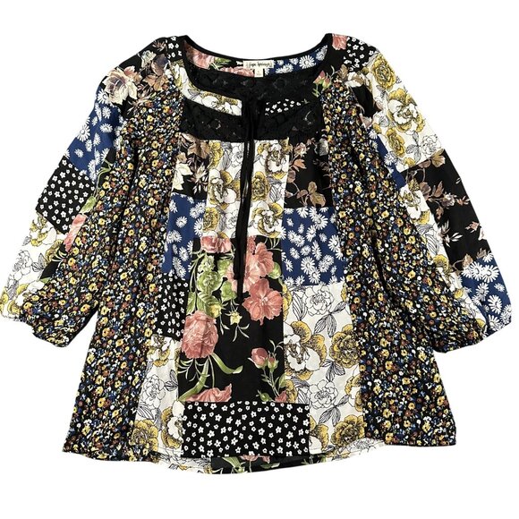 Hope Springs Womens L Black Boho Floral Patchwork Blouse Lace Detail Pullover - Picture 1 of 10